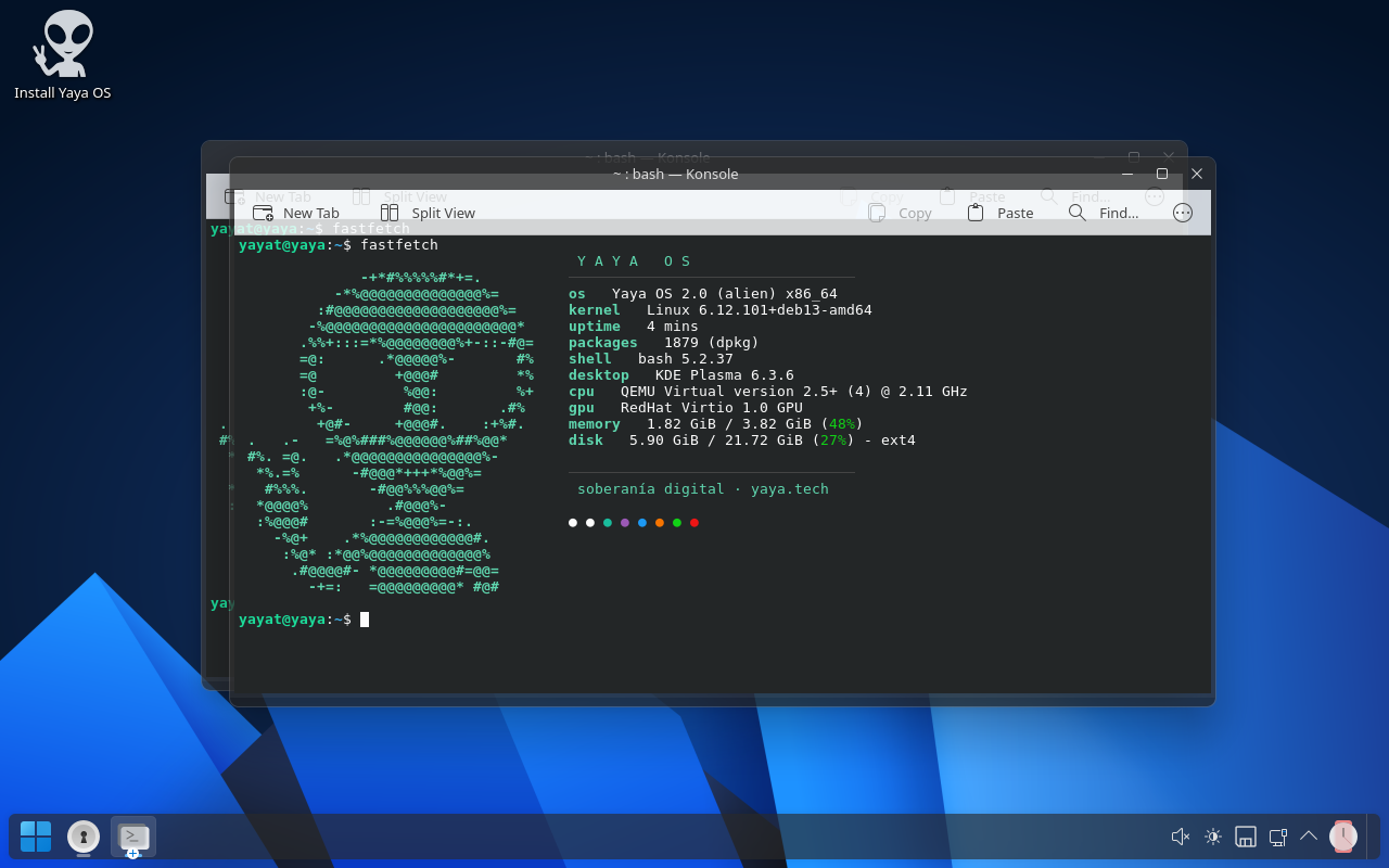 Terminal de Yaya OS con fastfetch y el alien