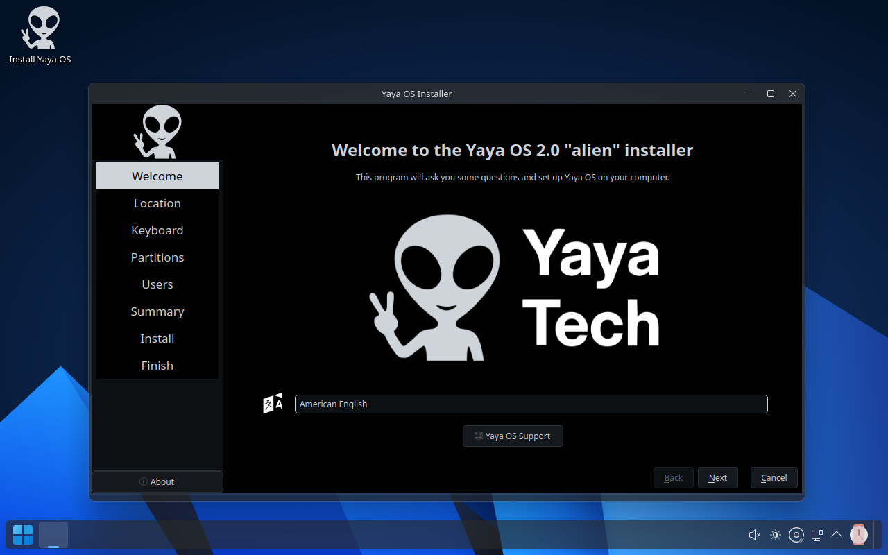 Escritorio Plasma 6 de Yaya OS con tema Fluent Round oscuro